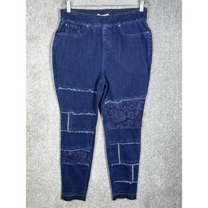 Masseys Patchwork Lace Floral Raw Edge Pull On Skinny Jeans Womens Size 18W Blue